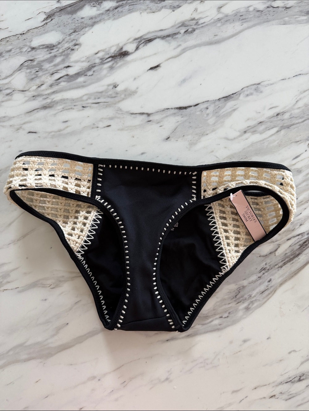 Victoria's Secret Black and Cream Crochet Bikini Bottom